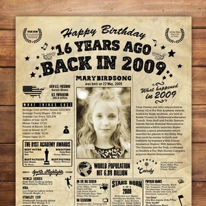 16th Birthday Poster, 2009 Chalkboard Sign, Sweet 16th Birthday Gift, Party Decorations Idea, 16 Years Ago Back in 2009 Poster, Digital File