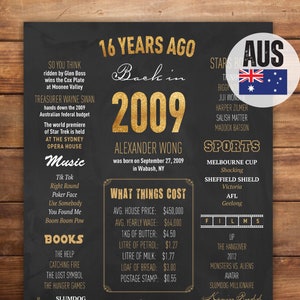 AUSTRALIA 16th Birthday Poster, 2009 Chalkboard Sign, Sweet 16th Birthday Gift, 16 Years Ago Back in 2009 Poster, Digital File
