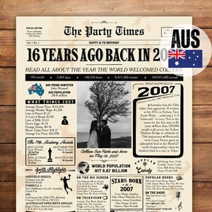 AUSTRALIA Personalized 16th Birthday Poster, Sweet 16 Gift Idea, Back in 2007, 16th Birthday Party Decoration, 16th Birthday Poster