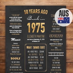 AUSTRÁLIA Em 1975, pôster de 50º aniversário, placa de quadro-negro personalizada de 1975, decoração de festa de 50º aniversário, presente de pôster de aniversário, arquivo digital