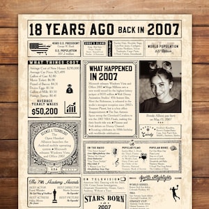 Cartaz de aniversário de 18 anos, 18 anos atrás, em 2007, ideia de presente de formatura, decoração de festa de aniversário, presente de pôster personalizado, arquivos digitais