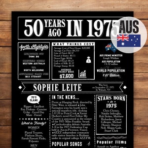AUSTRALIA Back in 1975, 50th Birthday Poster, Custom 1975 Chalkboard Sign, 50th Birthday Party Decor, Birthday Poster Gift, Digital File