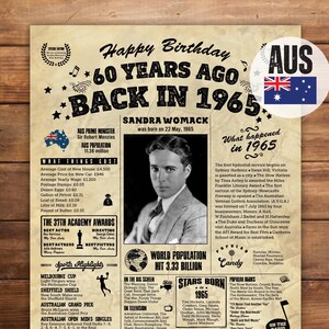 オーストラリア 1965 年に戻る、パーソナライズされた 1965 年の黒板サイン、60 歳の誕生日ポスター、彼への 60 歳の誕生日プレゼントのアイデア、ポスターギフト、デジタルファイル