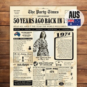オーストラリア 1974 年当時、50 歳の誕生日の新聞看板、1974 年の写真ポスター、パーティーの飾り付けのアイデア、楽しい事実のポスター、彼への贈り物、デジタル ファイル