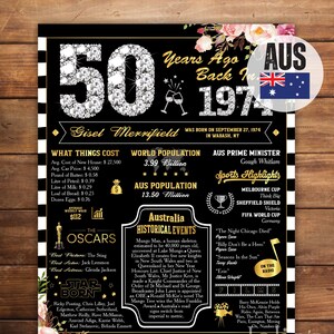 AUSTRALIA Back in 1974, 50th Birthday Poster, Custom 1974 Chalkboard Sign, 50th Birthday Party Decor, Birthday Poster Gift, Digital File