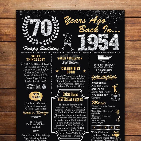 70th Poster Sign, Born in 1954 Poster, 70th Birthday Poster Gift, Back in 1954 Poster, DIGITAL FILES, Instant Download