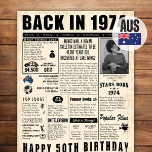 オーストラリア 1974 年ポスター、50 歳の誕生日のサイン、パーティーのデコレーションのアイデア、楽しい事実のポスター、彼への贈り物、1974 年のマイルストーン サイン、デジタル ファイル