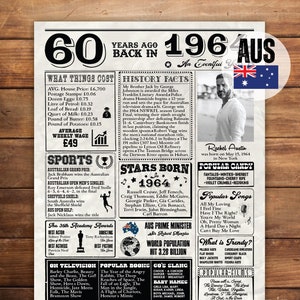 AUSTRALIË 1964 poster, gepersonaliseerde 60e verjaardag poster, terug in 1964, leuke feiten poster, Australië poster, feestdecoratie, digitale bestanden!