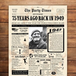 Cartel del 75 cumpleaños, cartel de la foto del periódico de 1949, cartel del cumpleaños de 1949, tablero del cartel para el 75 cumpleaños, decoración de la fiesta, ARCHIVOS DIGITALES