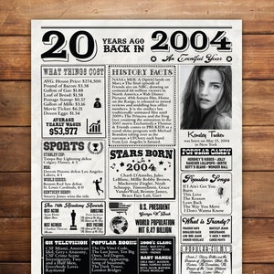 Personalized 2004 Birthday Poster, 20th Birthday Poster, 2004 Fun Facts Board, Annniversary Party Decoration, Back in 2004, Digital Files