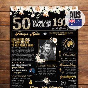 AUSTRALIË 1974 verjaardag poster, terug in 1974, 50e verjaardag teken, partij decoratie idee, cadeau voor hem, foto poster vintage, digitaal bestand