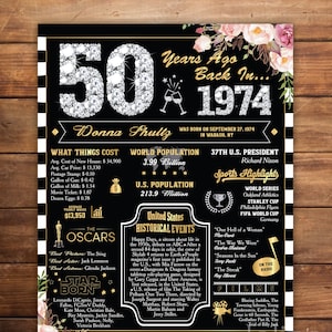 Aangepaste 50e verjaardag poster, 50 jaar geleden poster, verjaardagscadeau voor haar, 1974 Board Facts Poster, 1974 Milestone Board, digitaal bestand