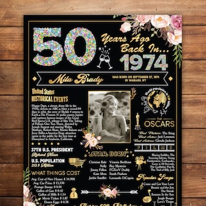 Tablero de carteles de cumpleaños de 1974, cartel fotográfico en 1974, letrero de periódico de cumpleaños número 50, idea de decoración de fiesta, regalo para ella, archivo digital