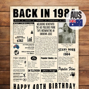 AUSTRALIA Back in 1984, 40th Birthday Poster, Personalized 40th Birthday Poster, 1984 Fun Facts Poster, 40 Years Ago Poster, Digital Files