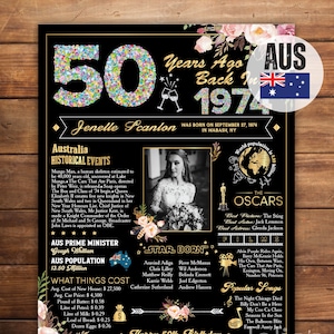 AUSTRALIË 1974 verjaardag poster, terug in 1974, 50e verjaardag teken, partij decoratie idee, cadeau voor hem, foto poster vintage, digitaal bestand