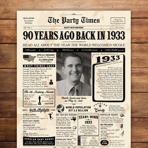 90th Birthday Milestone Poster, 1933 Anniversary Gift fo Dad, 90th Birthday Newspaper Poster, Party Decorations, Back in 1933, DIGITAL FILE