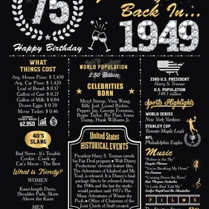 Back in 1949 Poster, 75th Chalkboard Sign, 75th Anniversary Poster Gift ...