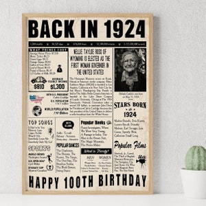 Back in 1924, 100th Birthday Poster, Custom Milestone Sign, 100th ...