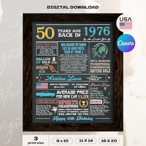 Puede incluir: Una impresión enmarcada de estilo pizarra que celebra el año 1976, con datos sobre la época, incluyendo el precio medio de la vivienda, canciones populares y campeones deportivos. La impresión es una descarga digital e incluye el texto "Happy 50th Birthday."