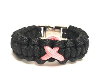 Breast Cancer Awareness Pink Ribbon Black Paracord Survival Bracelet – Custom Fitted Support Jewelry for Women & Men, Cancer Awareness Gift