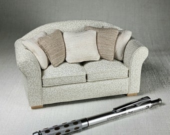 Two Seater Sofa with Silk Cushions - Cream -Dollhouse Miniature 1:12 Scale - Handmade Dollshouse Furniture