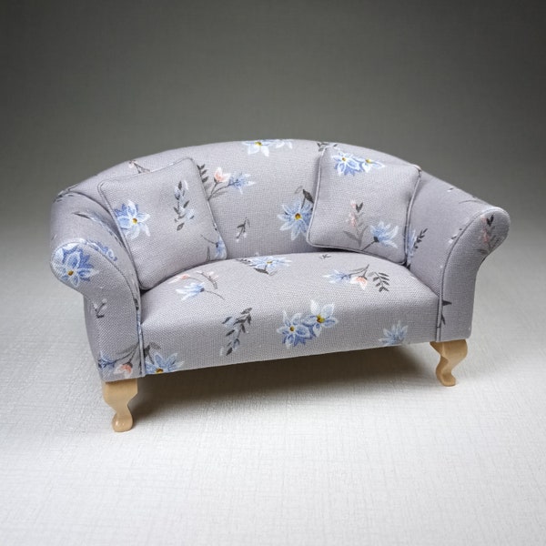 Modern Style Sofa with Two Cushions - Dollhouse Miniature 1:12 Scale Grey Floral Handmade Dollshouse Furniture
