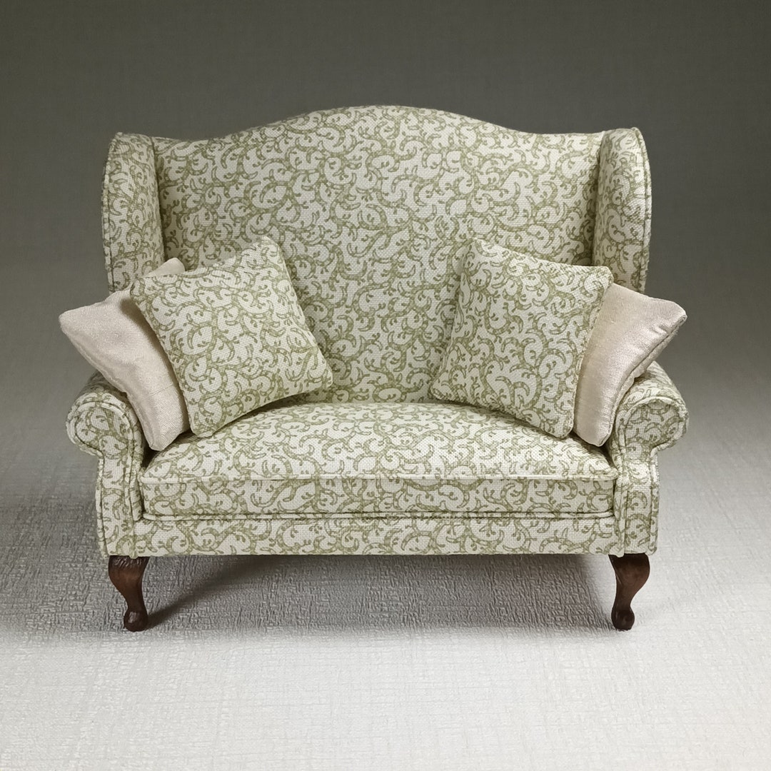 Queen Anne Style Wing Sofa Green/cream With Cushions - Etsy