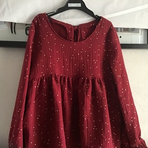 Doppelgaze-Kleid für Kinder von 2 bis 12 Jahren Bordeaux pois doré