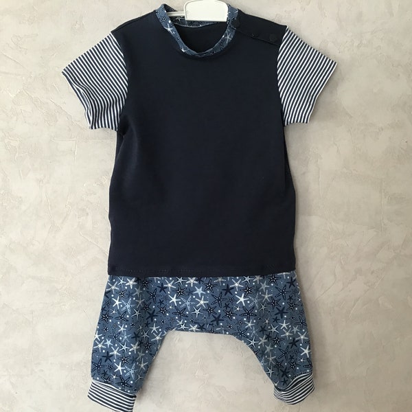 ensemble sarouel évolutif et T-Shirt bébé étoiles de mers bleues du 3 mois au 18 mois