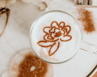 Peony Coffee Stencil; Flower Coffee Stencil; Floral Coffee Stencil; Coffee Stencil