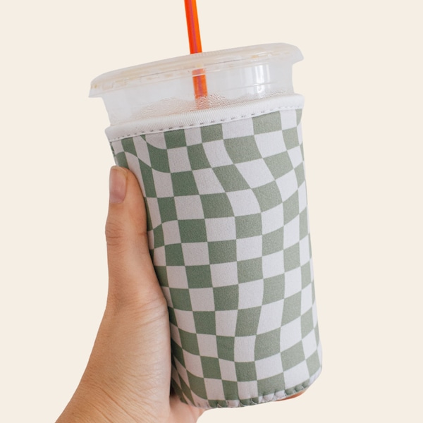 Green Checkered Coffee Sleeve; Iced Coffee Kozy; Iced Coffee Sleeve; Coffee Sleeve; Neutral Iced Coffee Sleeve