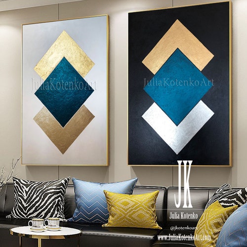 Large Gold Leaf Wall Decor Set 2 Minimalist Painting Geometric Etsy