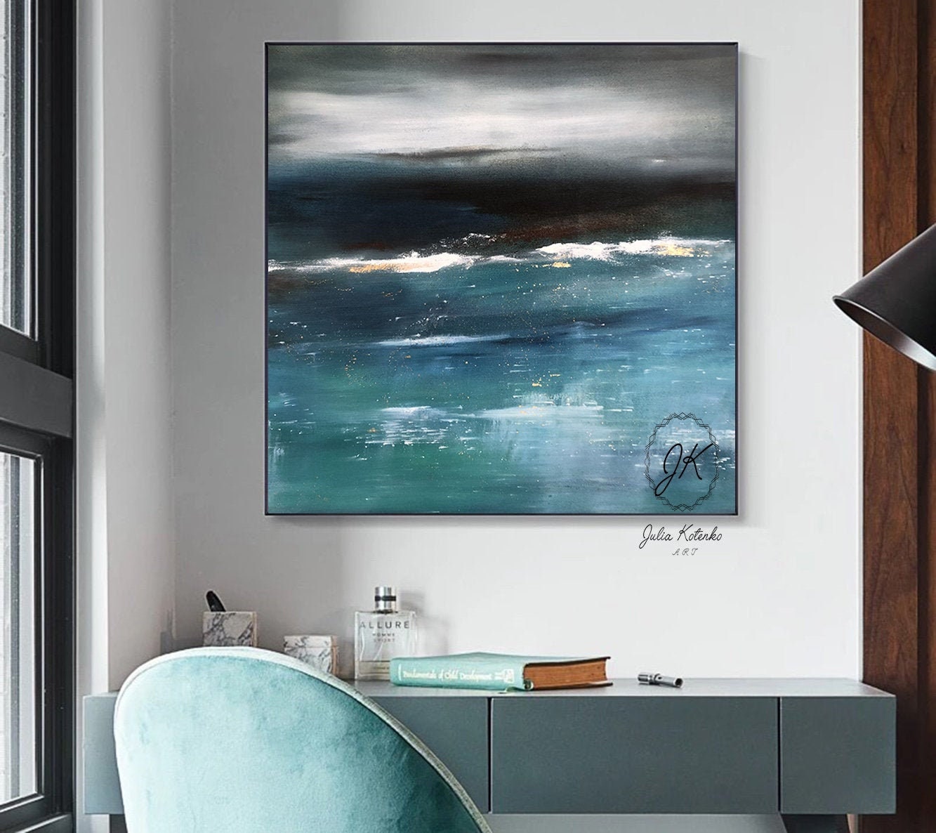 Large Canvas Wall Art Abstract Landscape Painting Teal Blue Etsy