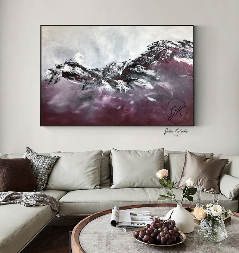 Oversized Abstract Painting Burgundy Wall Decor Canvas Art Etsy