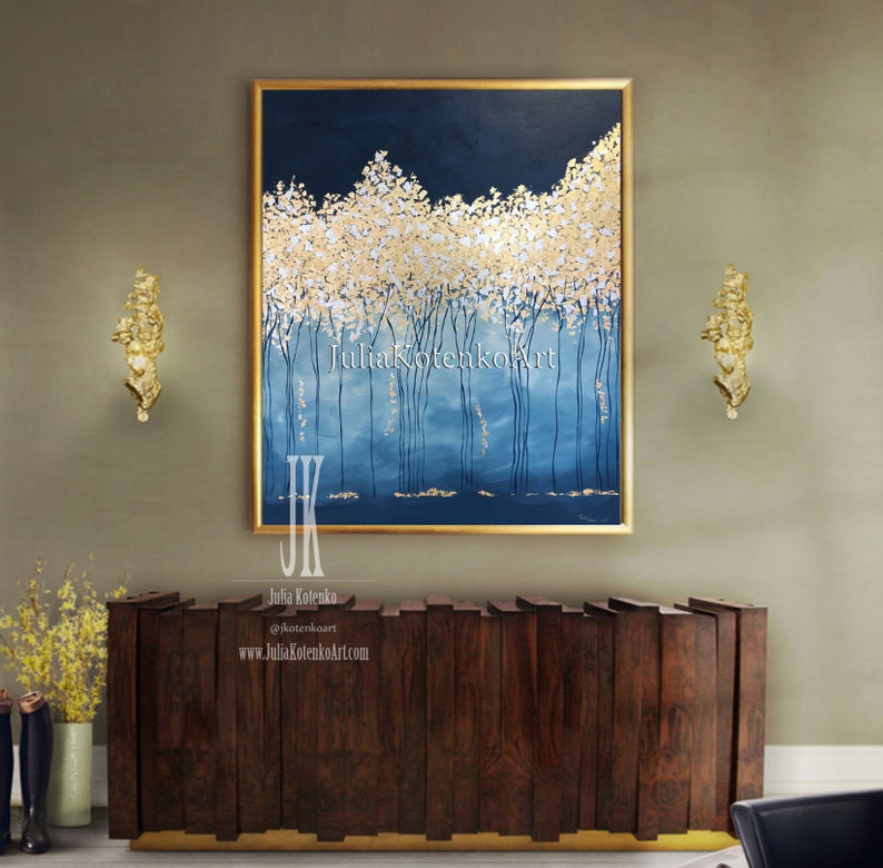 Gold Leaf Painting Blue Original Abstract Trees Painting | Etsy