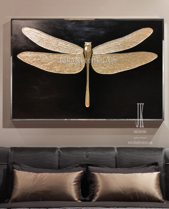 Gold Painting On Canvas Texture Wall Art Dragonfly Painting Etsy