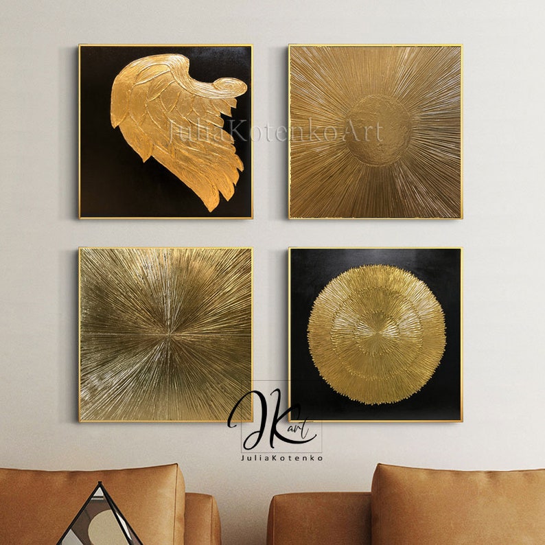 Gold Leaf Painting Set of 4 Gold Wall Decor Over Bed Decor Etsy