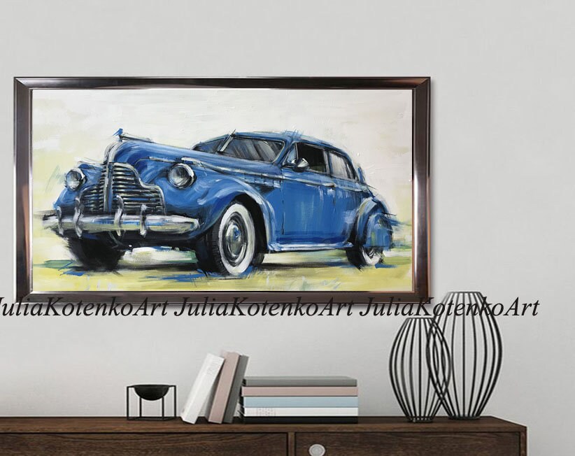 Retro Car Painting Blue car Retro car Hand Made Art Etsy