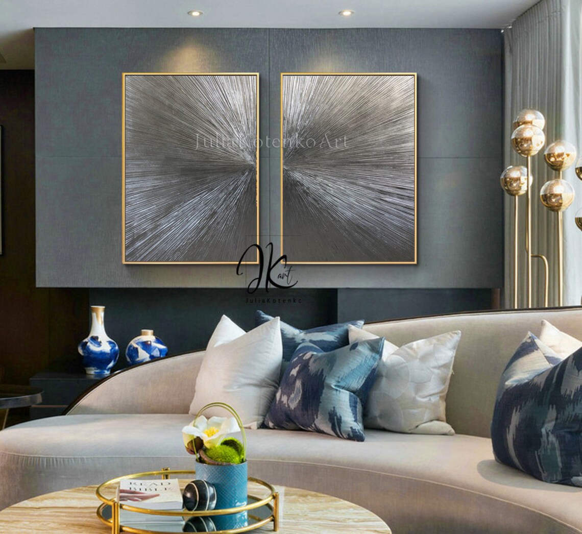 Oversize Silver Leaf Art Set of 2 Silver Wall Decor Original Etsy