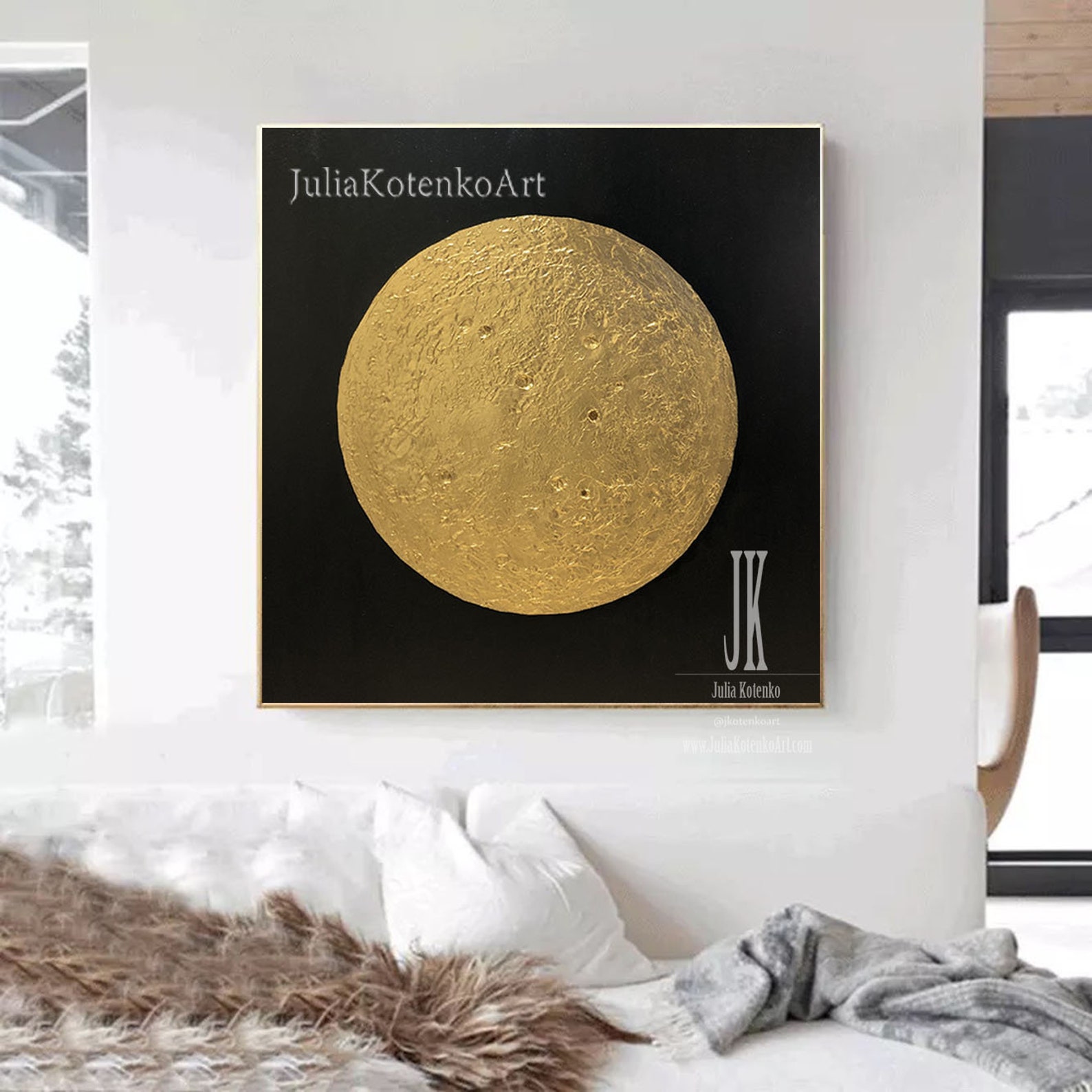 Large Moon Wall Art Golden Moon Painting on Canvas Texture Etsy