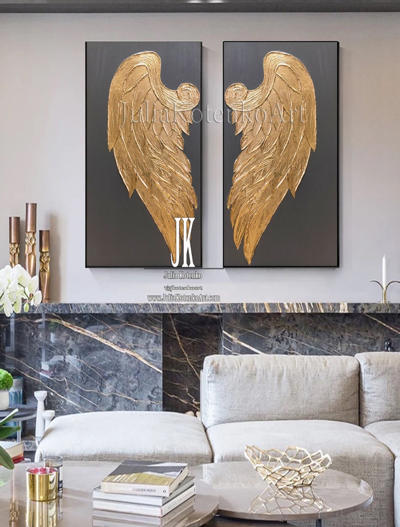 Large Angel Wings Wall Decor Gold Leaf Painting Set of 2 Etsy