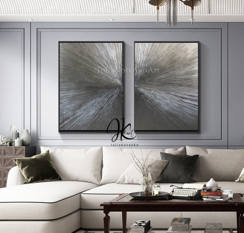 Oversize Silver Leaf Art Set of 2 Silver Wall Decor Original Etsy