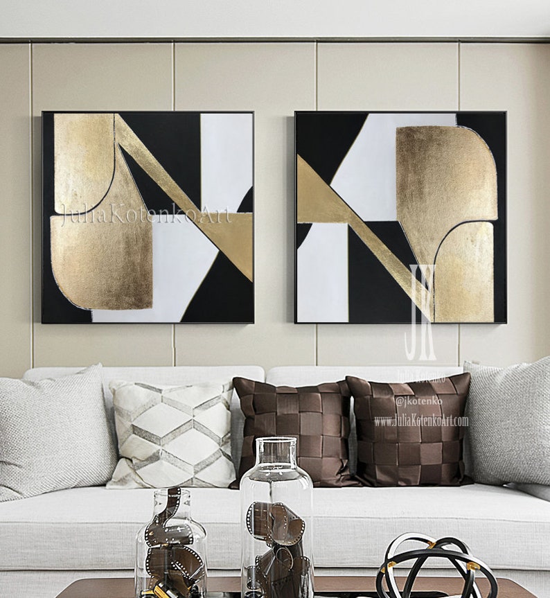 Oversize Abstract Painting Set of 2 Gold leaf wall decor Etsy