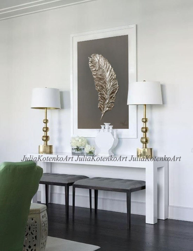 Feather Wall Decor Silver Feather Painting Silver Leaf Etsy