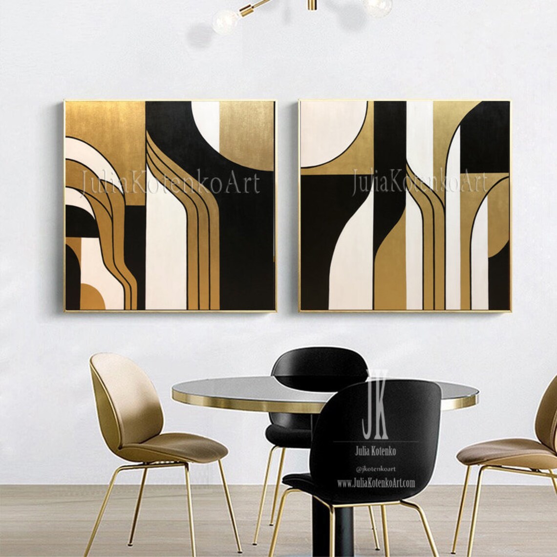 Large Gold Leaf Wall Decor Set 2 Minimalist Painting Geometric Etsy