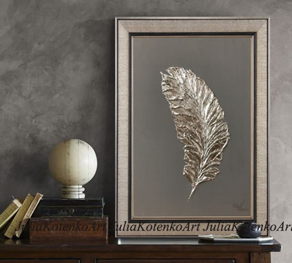 Feather Wall Decor Silver Feather Painting Silver Leaf Etsy