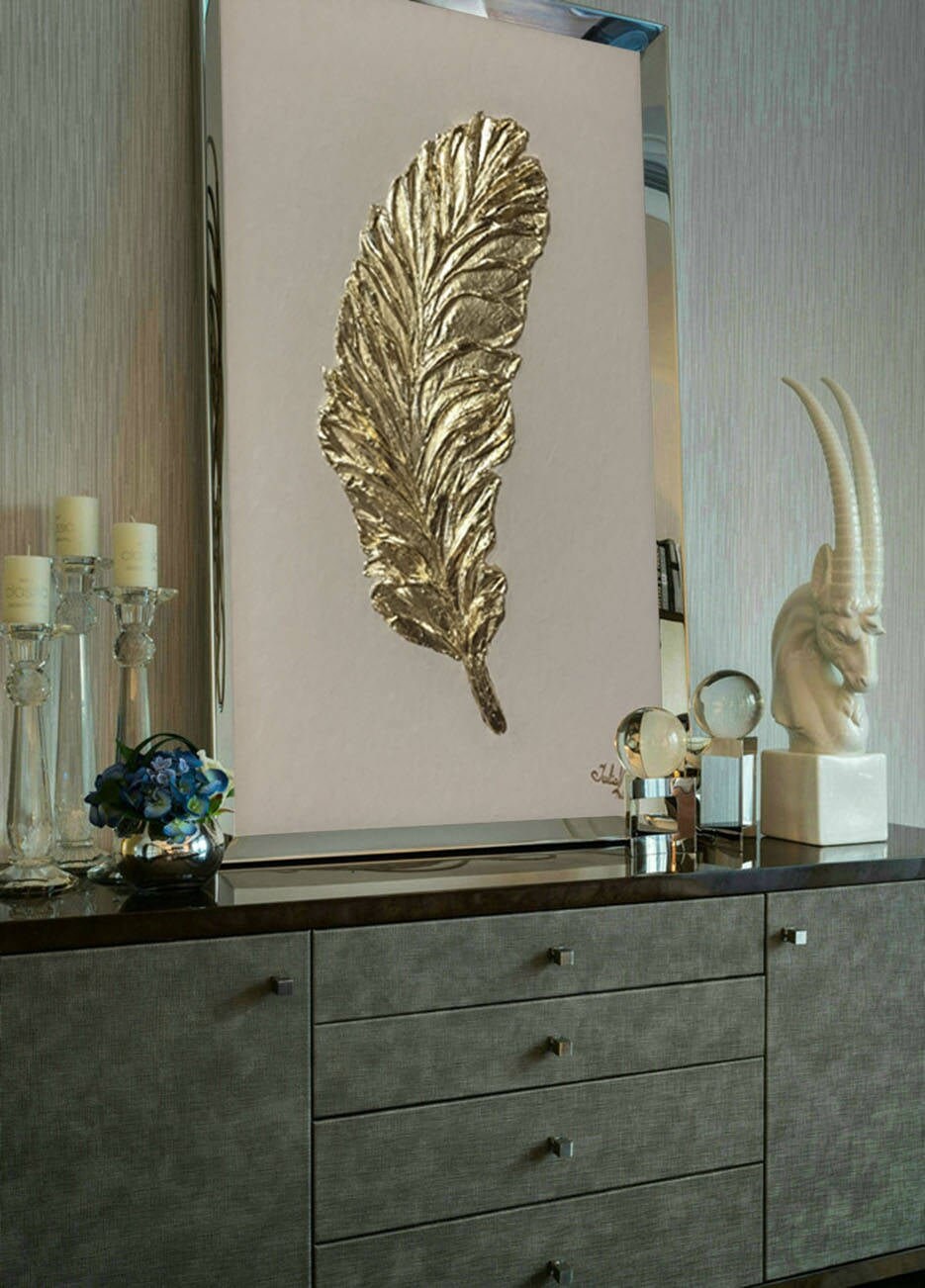 Large Feather Wall Art Gold Leaf Painting Textured Wall Decor Etsy