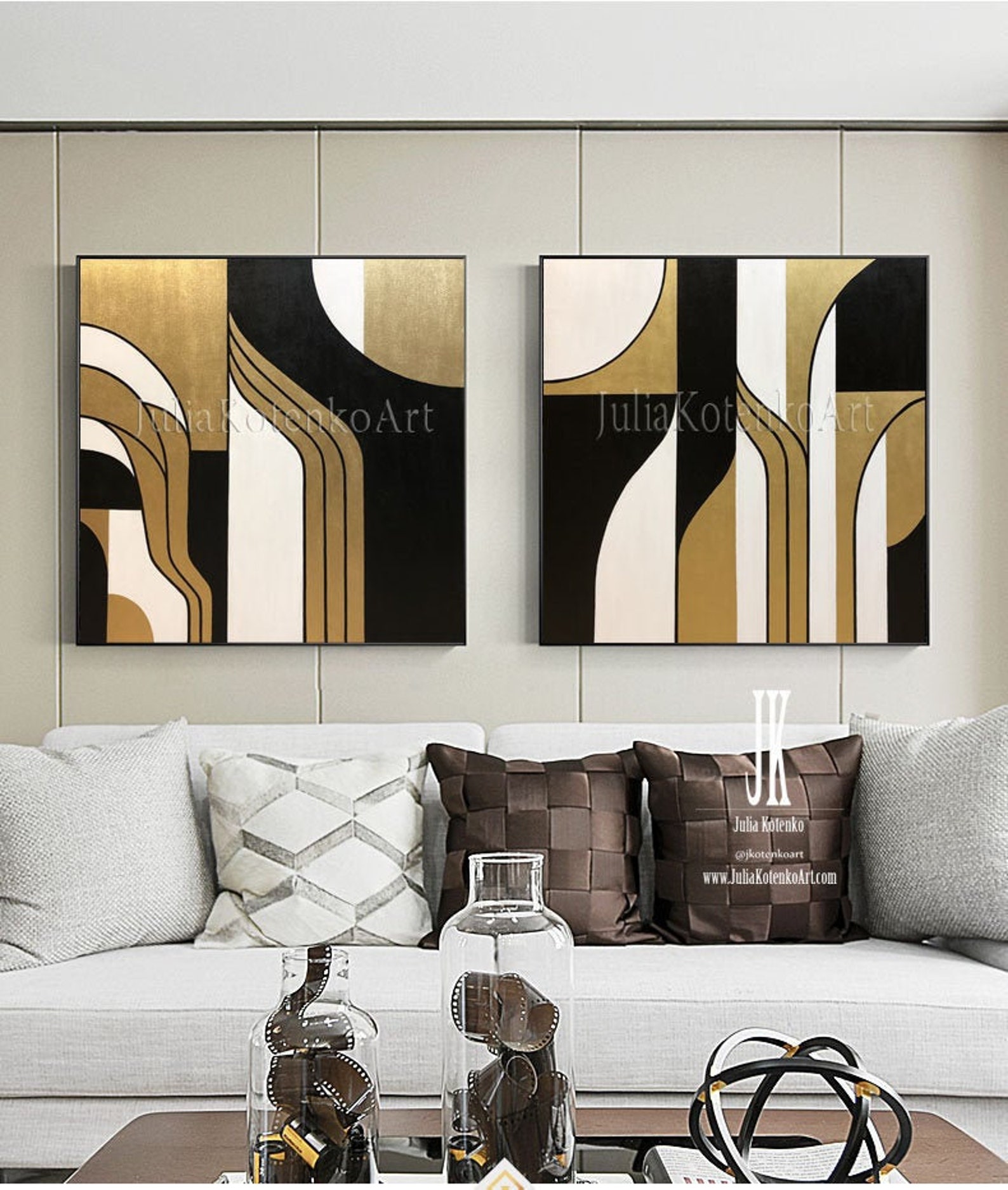 Large Gold Leaf Wall Decor Set 2 Minimalist Painting Geometric Etsy