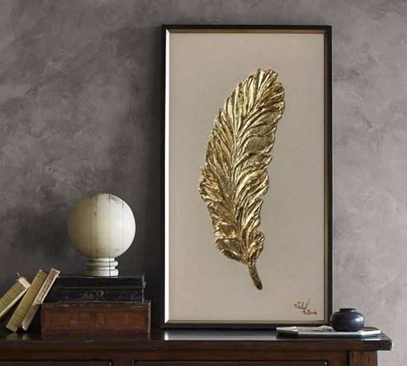 Large Feather Wall Art Gold Leaf Painting Textured Wall Decor Etsy