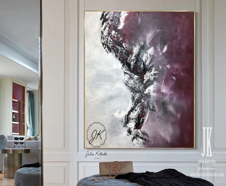 Oversized Abstract Painting Burgundy Wall Decor Canvas Art Etsy